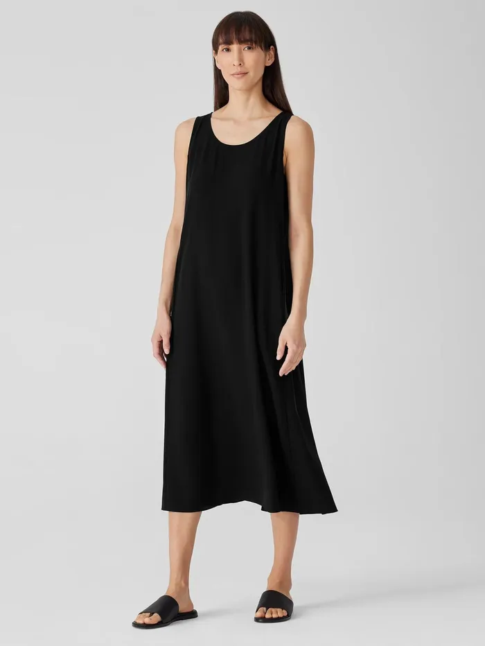 Dresses and Skirts Women Eileen Fisher Silk Georgette Crepe Scoop Neck Dress Black