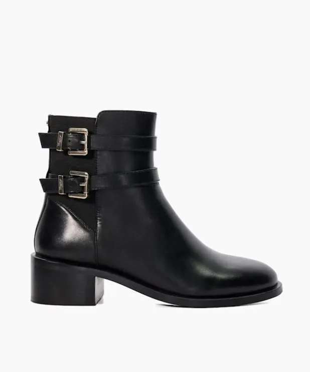 Dune London Ankle Boots Women Leather Double Buckle Block Heel Boots Black