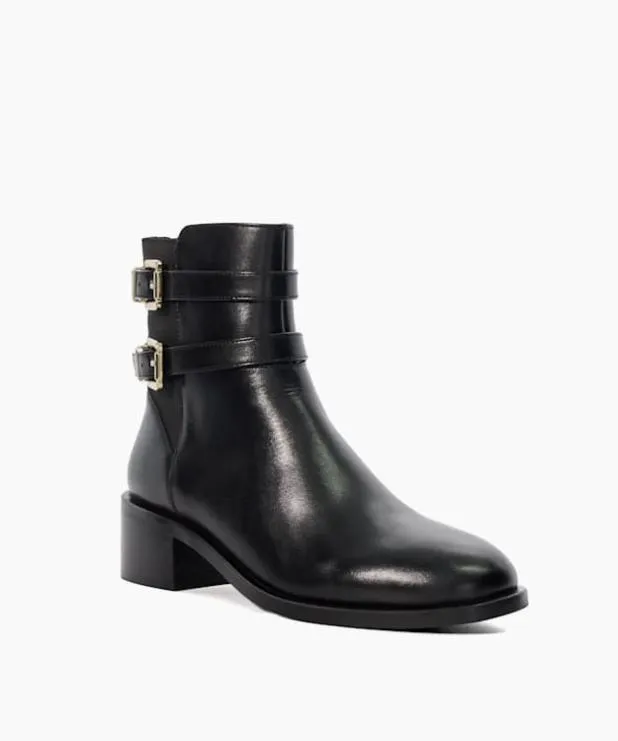 Dune London Ankle Boots Women Leather Double Buckle Block Heel Boots Black
