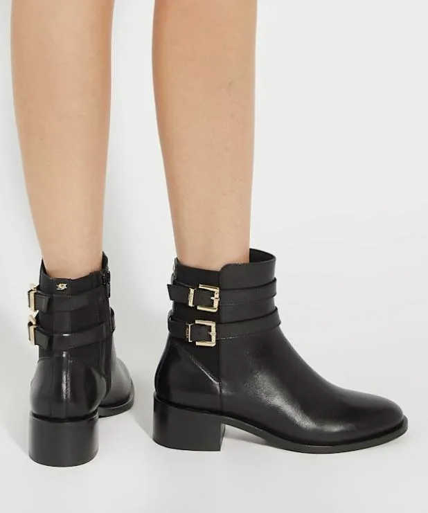 Dune London Ankle Boots Women Leather Double Buckle Block Heel Boots Black