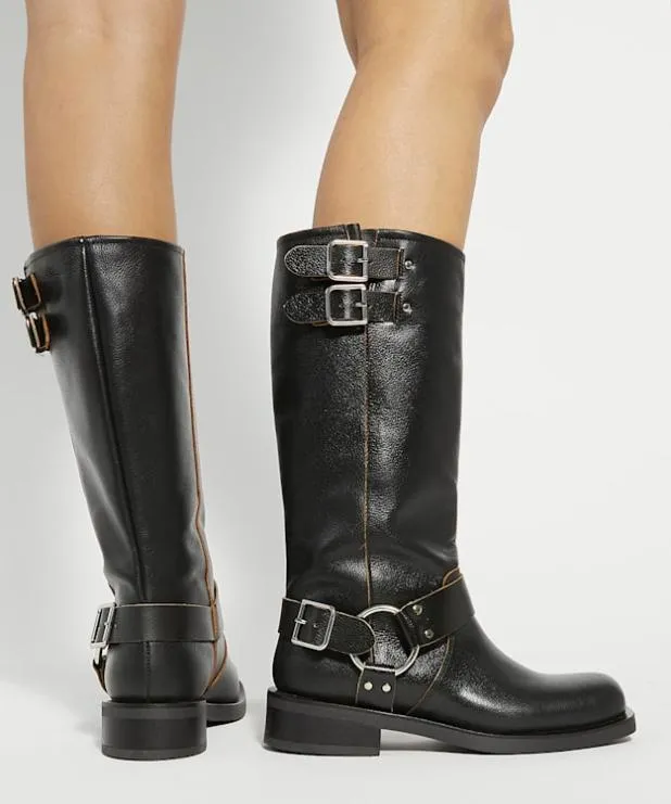Dune London Black Boots Women Buckle Detail Leather KneeHigh Boots Black