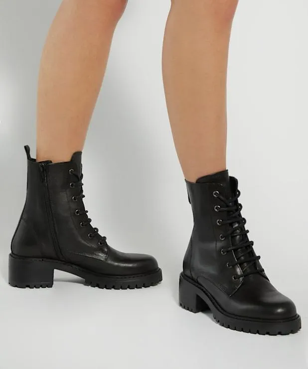 Dune London Flat Boots Women Casual LaceUp Leather Boots Black