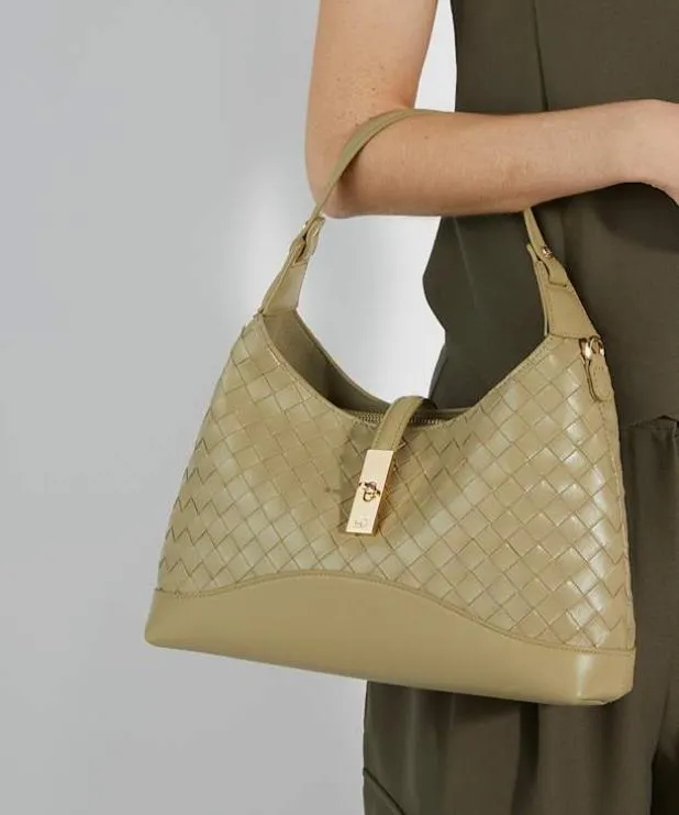 Dune London Handbags Women Woven Leather Turn Lock Shoulder Bag Green