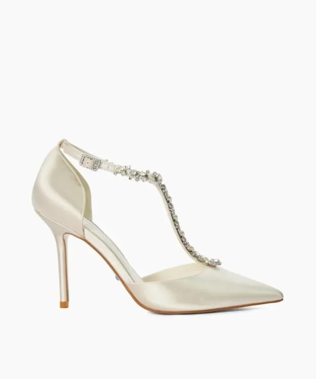 Dune London Heels Women Diamante Embellished TBar Wedding Shoes White