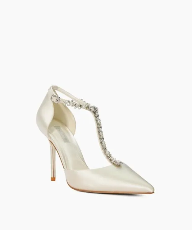Dune London Heels Women Diamante Embellished TBar Wedding Shoes White