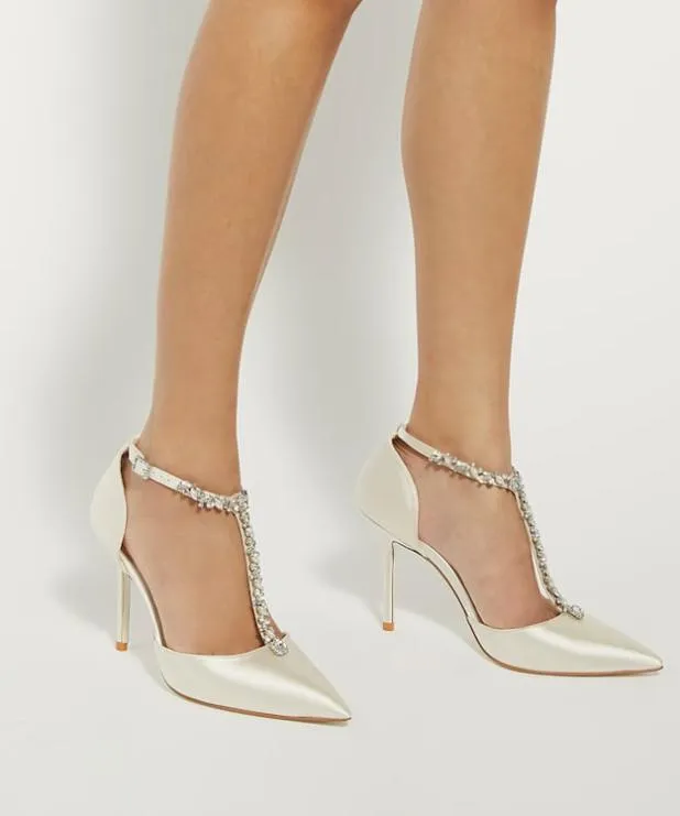 Dune London Heels Women Diamante Embellished TBar Wedding Shoes White