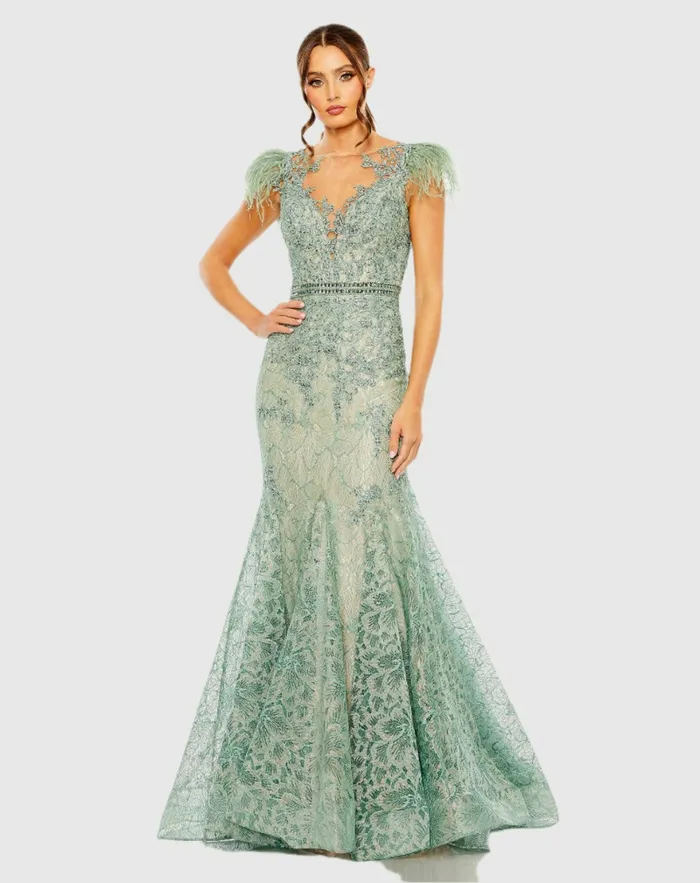 Embellished Feather Cap Sleeve Illusion Neck Trumpet Gown Sage Best Sellers Mac Duggal Women