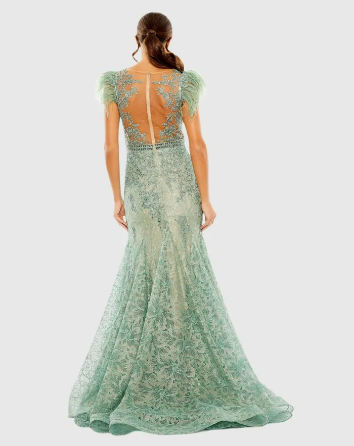 Embellished Feather Cap Sleeve Illusion Neck Trumpet Gown Sage Best Sellers Mac Duggal Women