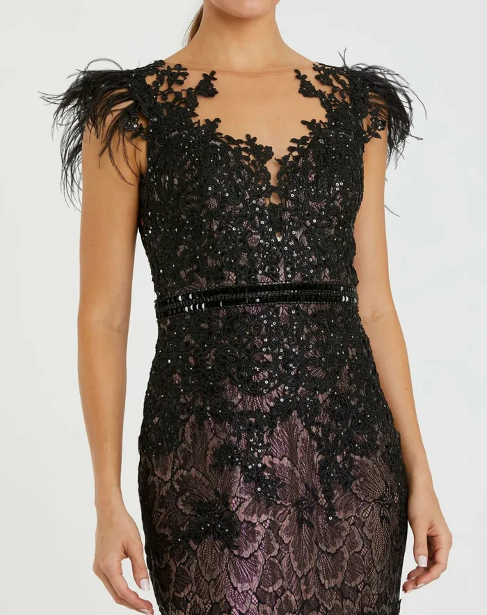 Embellished Feather Cap Sleeve Illusion Neck Trumpet Gown Sage Best Sellers Mac Duggal Women