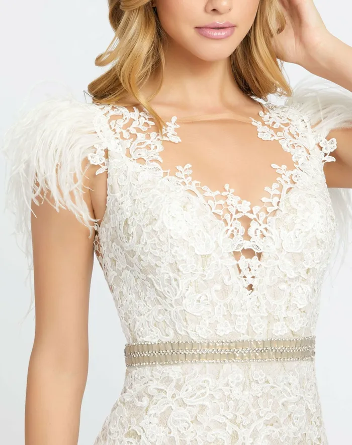 Embellished Feather Cap Sleeve Illusion Neck Trumpet Gown Sage Best Sellers Mac Duggal Women