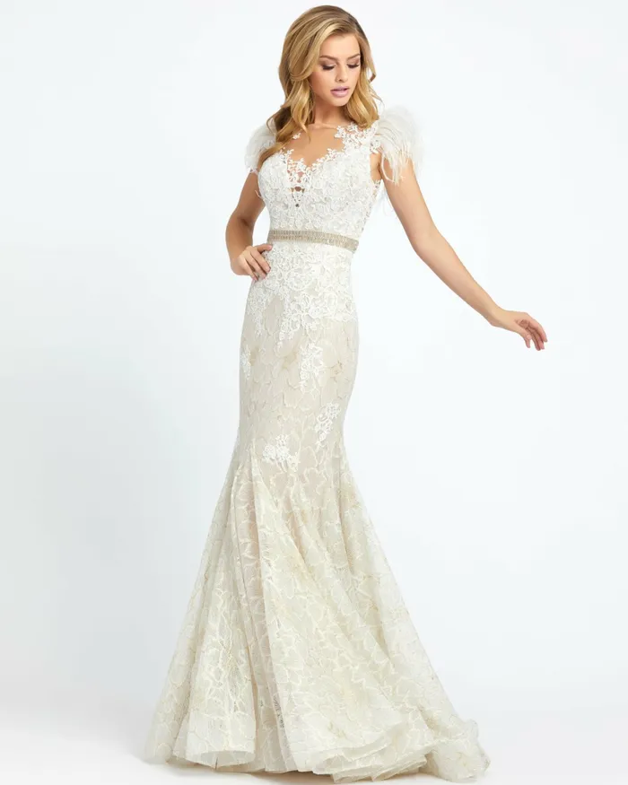 Embellished Feather Cap Sleeve Illusion Neck Trumpet Gown Sage Best Sellers Mac Duggal Women