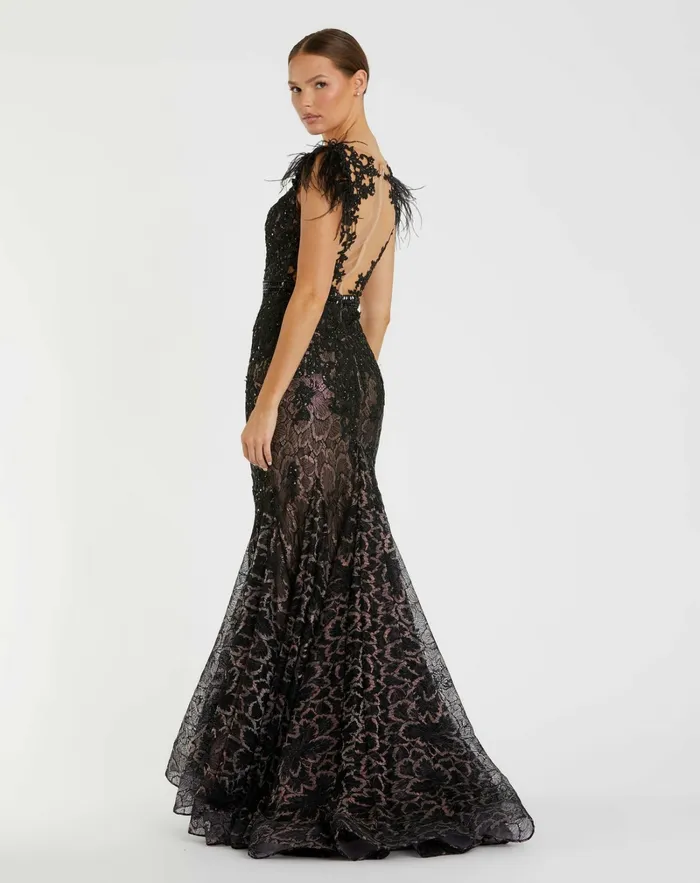 Embellished Feather Cap Sleeve Illusion Neck Trumpet Gown Sage Best Sellers Mac Duggal Women