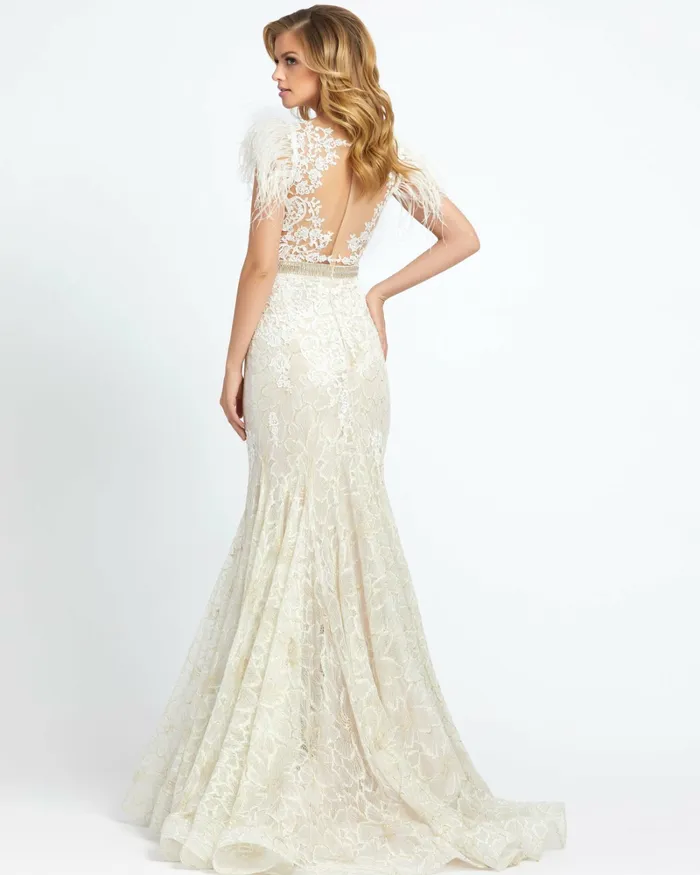 Embellished Feather Cap Sleeve Illusion Neck Trumpet Gown Sage Best Sellers Mac Duggal Women