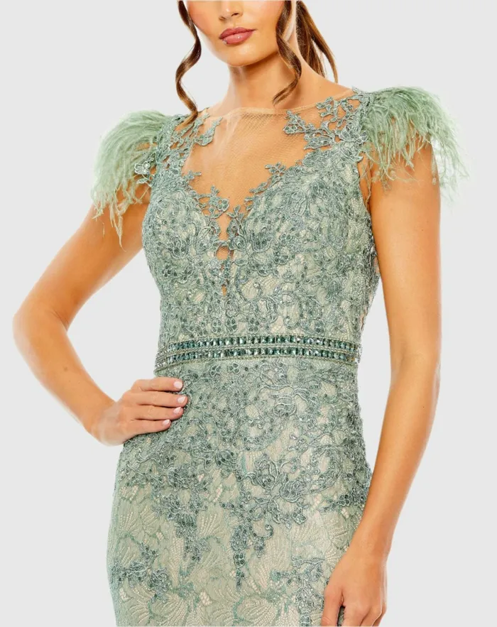 Embellished Feather Cap Sleeve Illusion Neck Trumpet Gown Sage Best Sellers Mac Duggal Women