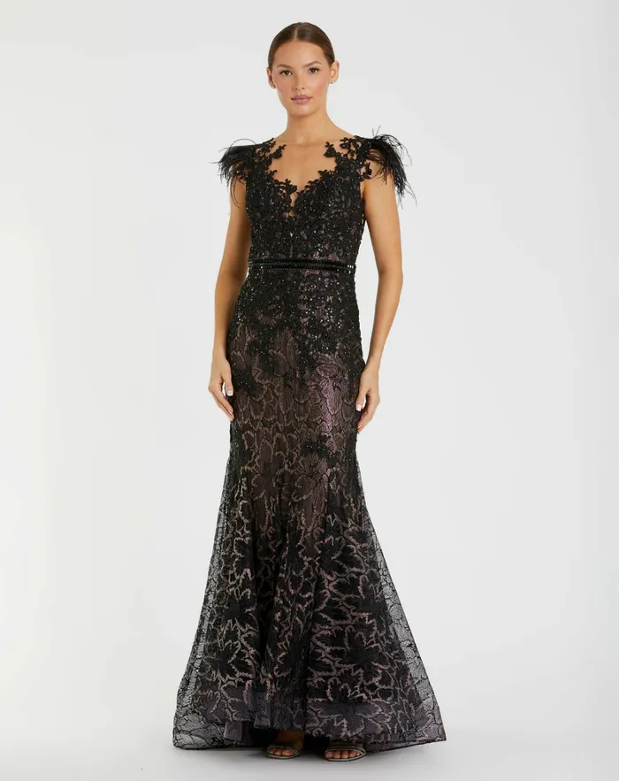 Embellished Feather Cap Sleeve Illusion Neck Trumpet Gown Sage Best Sellers Mac Duggal Women