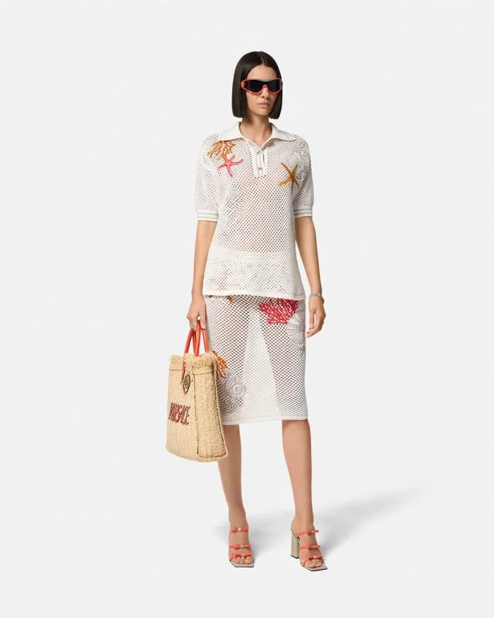 Embroidered Crochet Knit Midi Skirt White Women Versace Knitwear