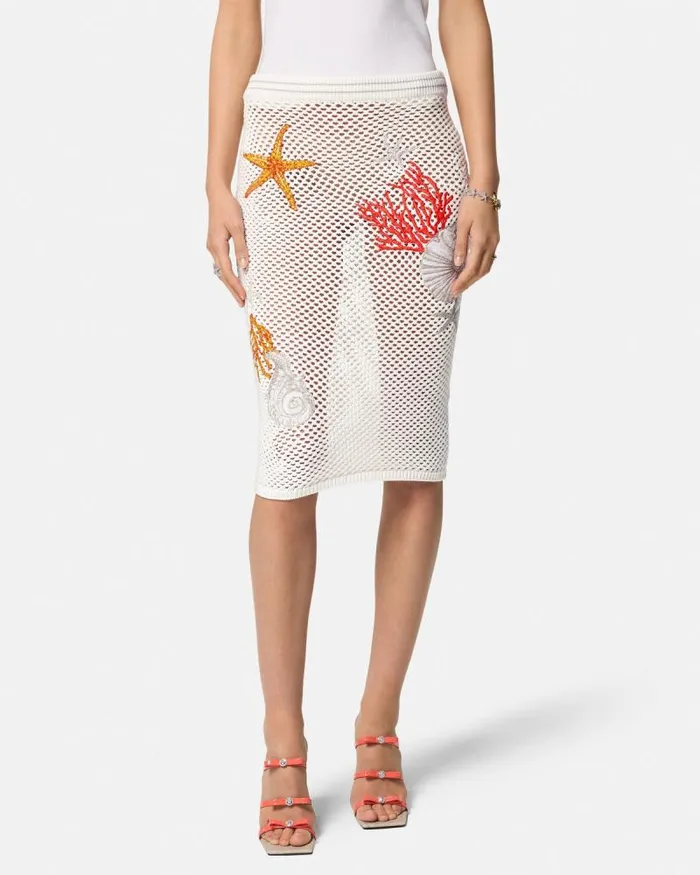 Embroidered Crochet Knit Midi Skirt White Women Versace Knitwear