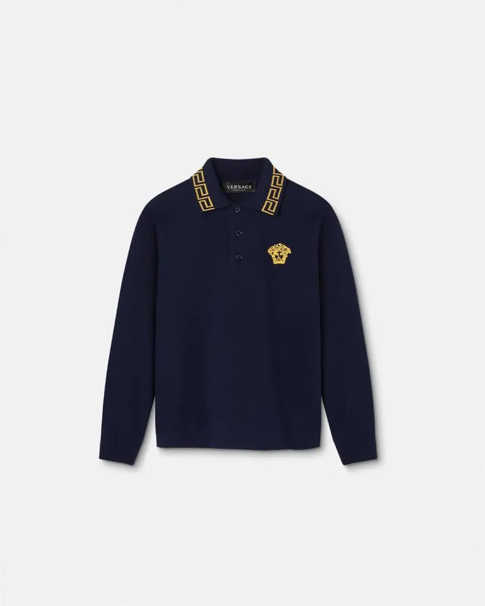 Embroidered Greca Kids Polo Shirt Bluegold Children Versace Clothing