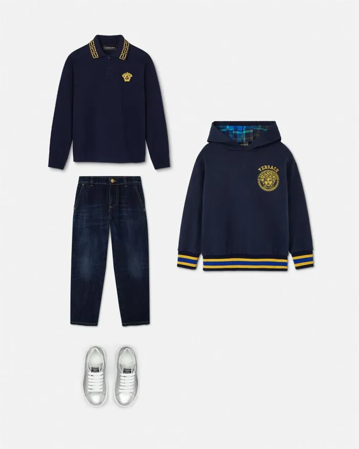 Embroidered Greca Kids Polo Shirt Bluegold Children Versace Clothing