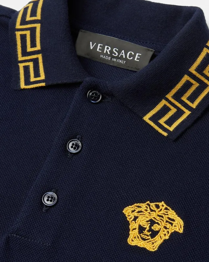 Embroidered Greca Kids Polo Shirt Bluegold Children Versace Clothing