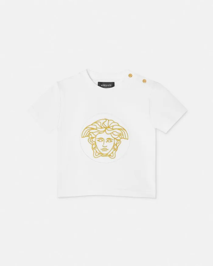 Embroidered Medusa Baby TShirt Whiteprint Children Versace Clothing