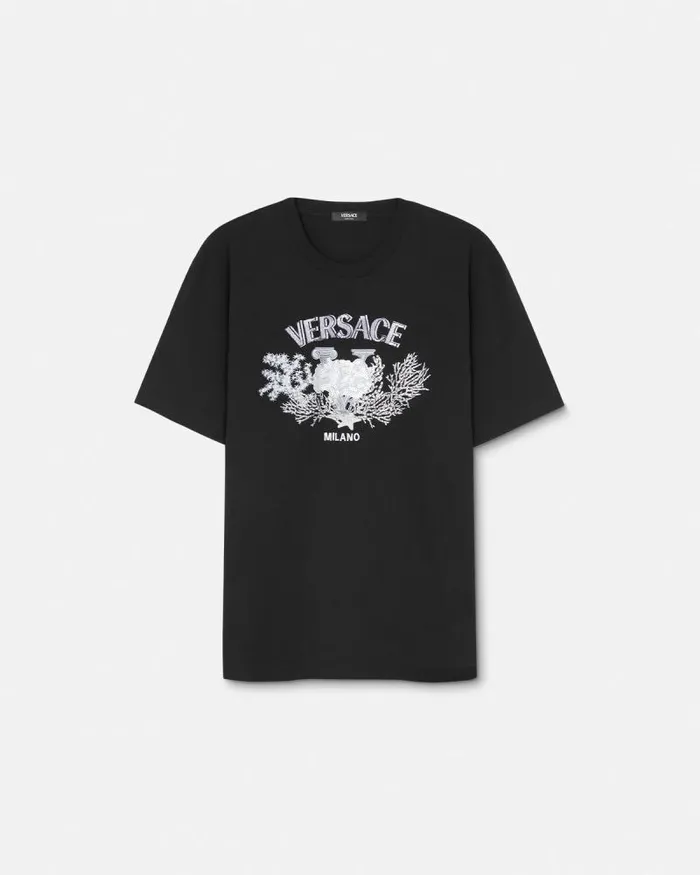 Embroidered University Coral TShirt Black Men Versace TShirts and Polos