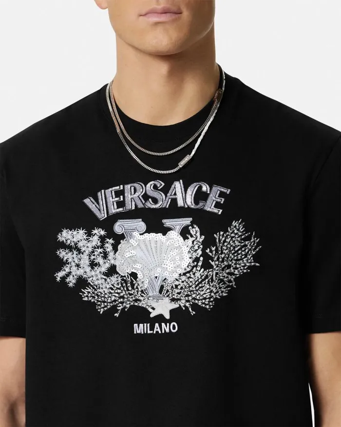 Embroidered University Coral TShirt Black Men Versace TShirts and Polos