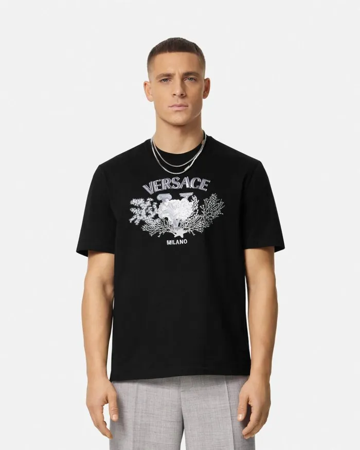 Embroidered University Coral TShirt Black Men Versace TShirts and Polos