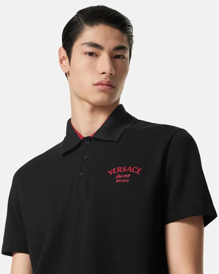 Embroidered Versace Milano Stamp Polo Shirt Black Men Versace TShirts and Polos