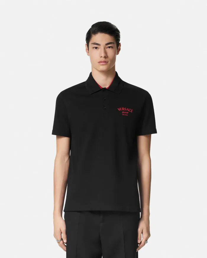 Embroidered Versace Milano Stamp Polo Shirt Black Men Versace TShirts and Polos