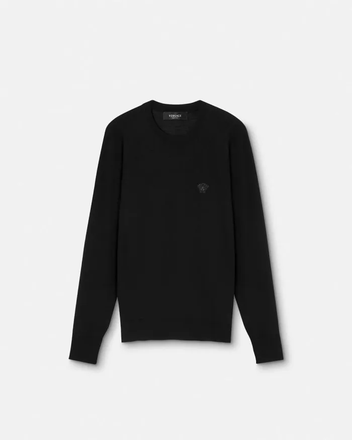 Embroidered WoolBlend Sweater Black Men Versace Knitwear