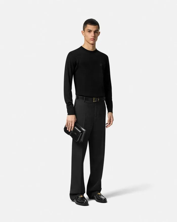 Embroidered WoolBlend Sweater Black Men Versace Knitwear