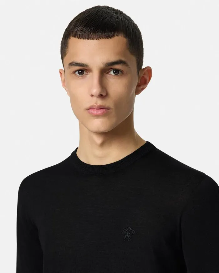 Embroidered WoolBlend Sweater Black Men Versace Knitwear