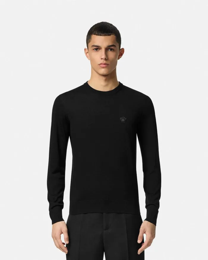 Embroidered WoolBlend Sweater Black Men Versace Knitwear