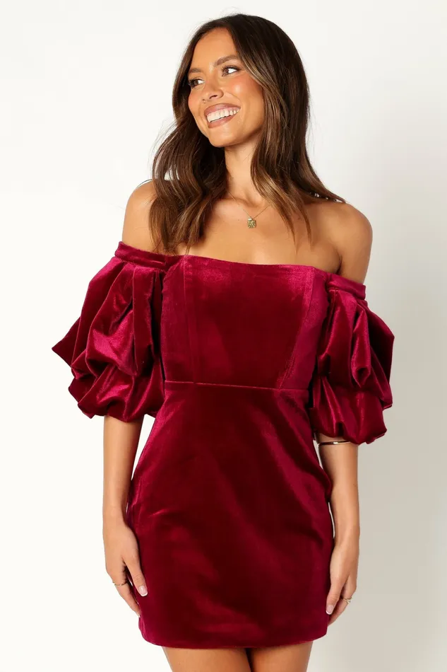 Event Dresses Petal and Pup Women Dali Off Shoulder Velvet Mini Dress Ruby
