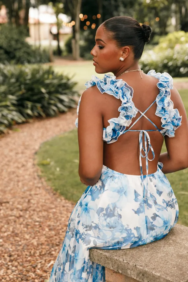 Event Dresses Women Lucah Frill Shoulder Maxi Dress Blue White Floral Petal and Pup