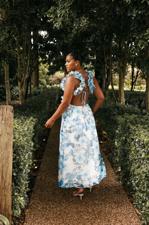 Event Dresses Women Lucah Frill Shoulder Maxi Dress Blue White Floral Petal and Pup