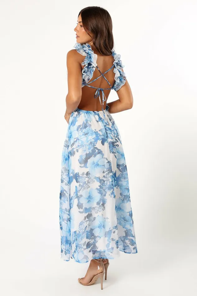 Event Dresses Women Lucah Frill Shoulder Maxi Dress Blue White Floral Petal and Pup