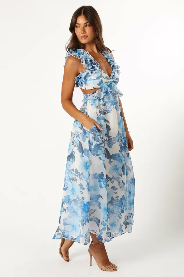 Event Dresses Women Lucah Frill Shoulder Maxi Dress Blue White Floral Petal and Pup