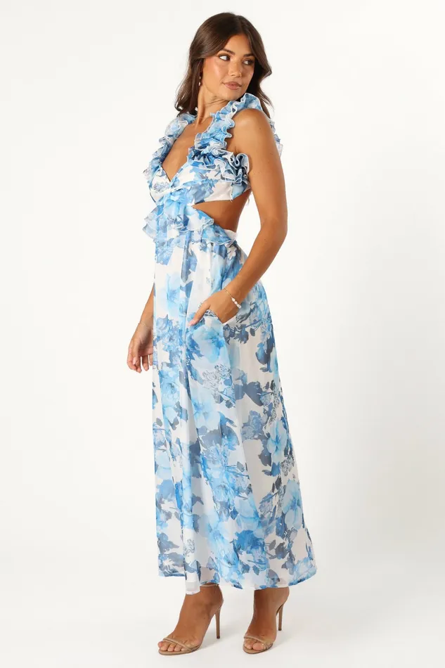 Event Dresses Women Lucah Frill Shoulder Maxi Dress Blue White Floral Petal and Pup