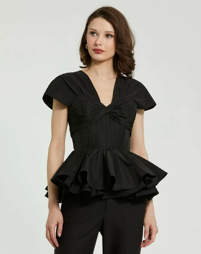 Faille Twist Bustier Peplum Top Black Blouses and Tops Mac Duggal Women