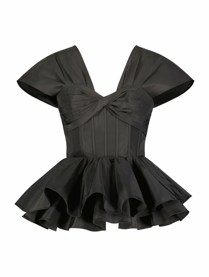 Faille Twist Bustier Peplum Top Black Blouses and Tops Mac Duggal Women
