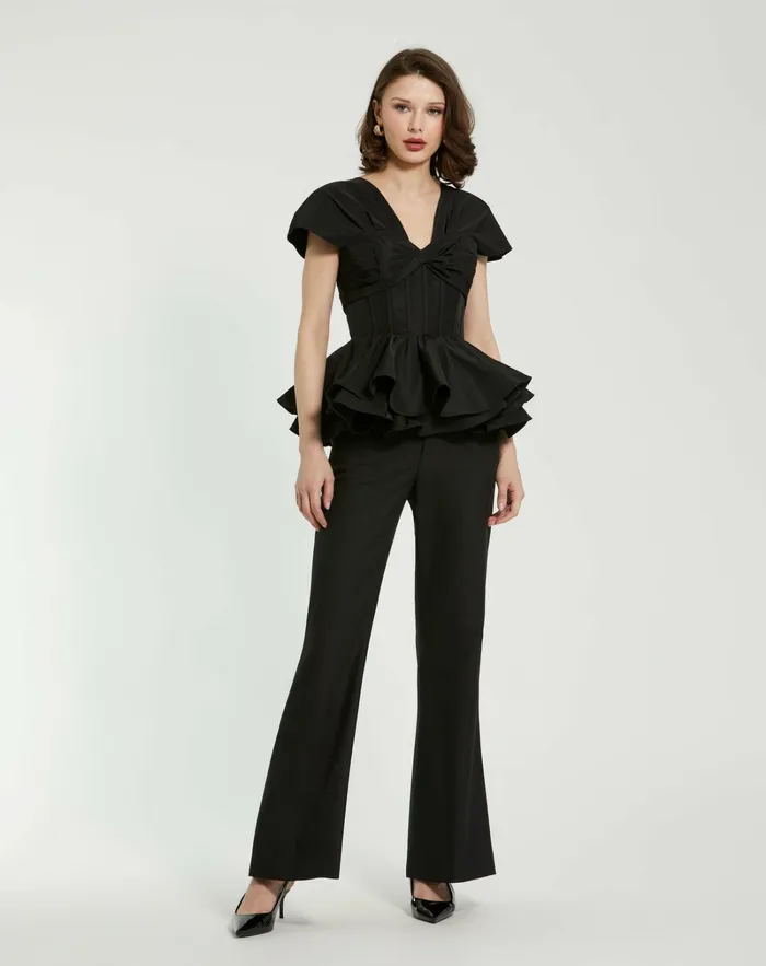Faille Twist Bustier Peplum Top Black Blouses and Tops Mac Duggal Women