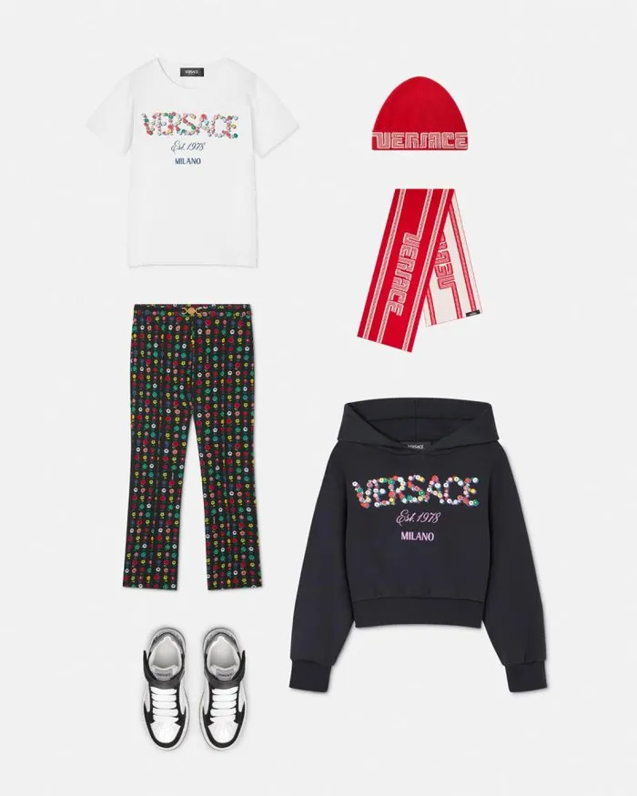 Falling Flowers Logo Kids TShirt Whiteprint Children Versace Clothing