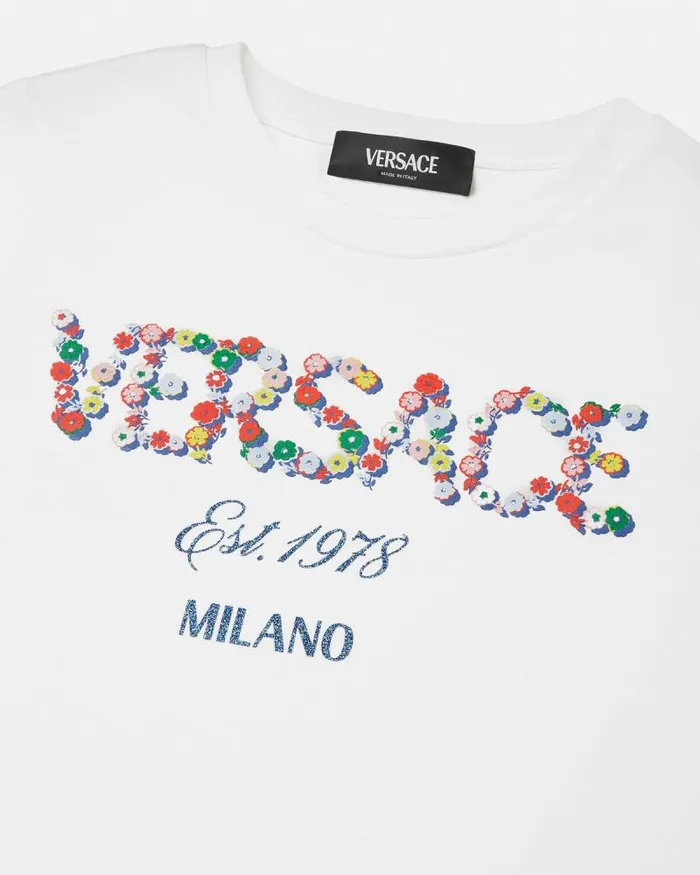 Falling Flowers Logo Kids TShirt Whiteprint Children Versace Clothing
