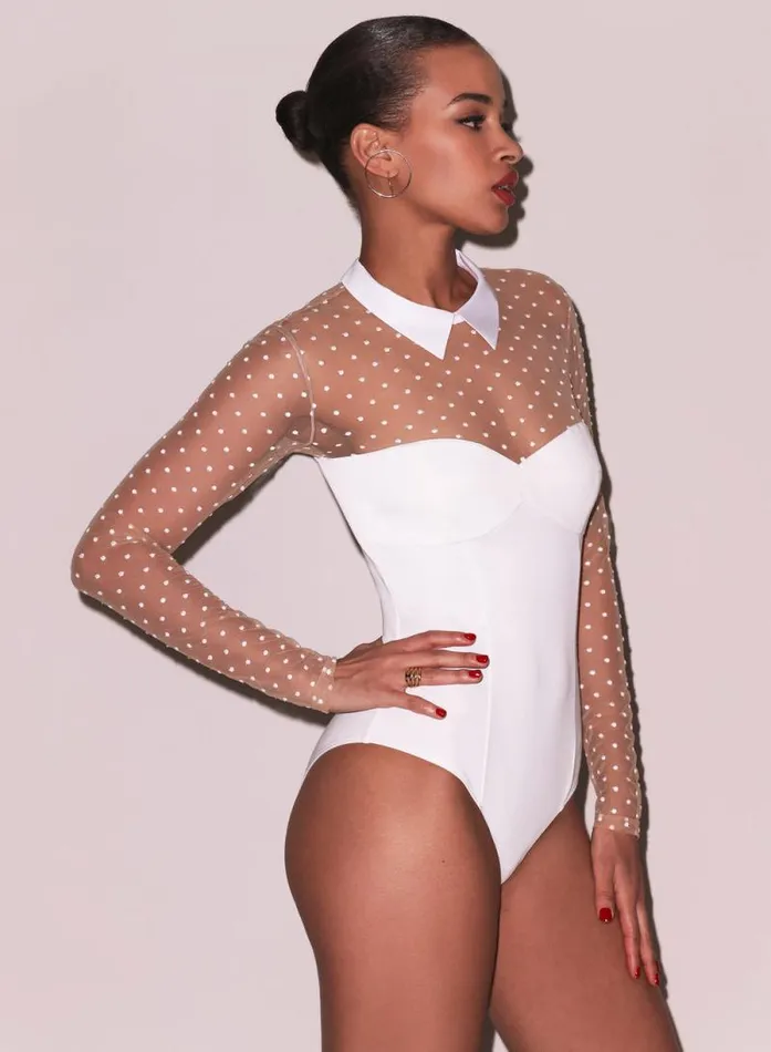 Fleur Du Mal Bodysuits Collared Bodysuit With Dotted Tulle Ivory 8211 Women Fleur Du Mal Bodysuits Collared Bodysuit With Dotted Tulle Ivory 8211 Women