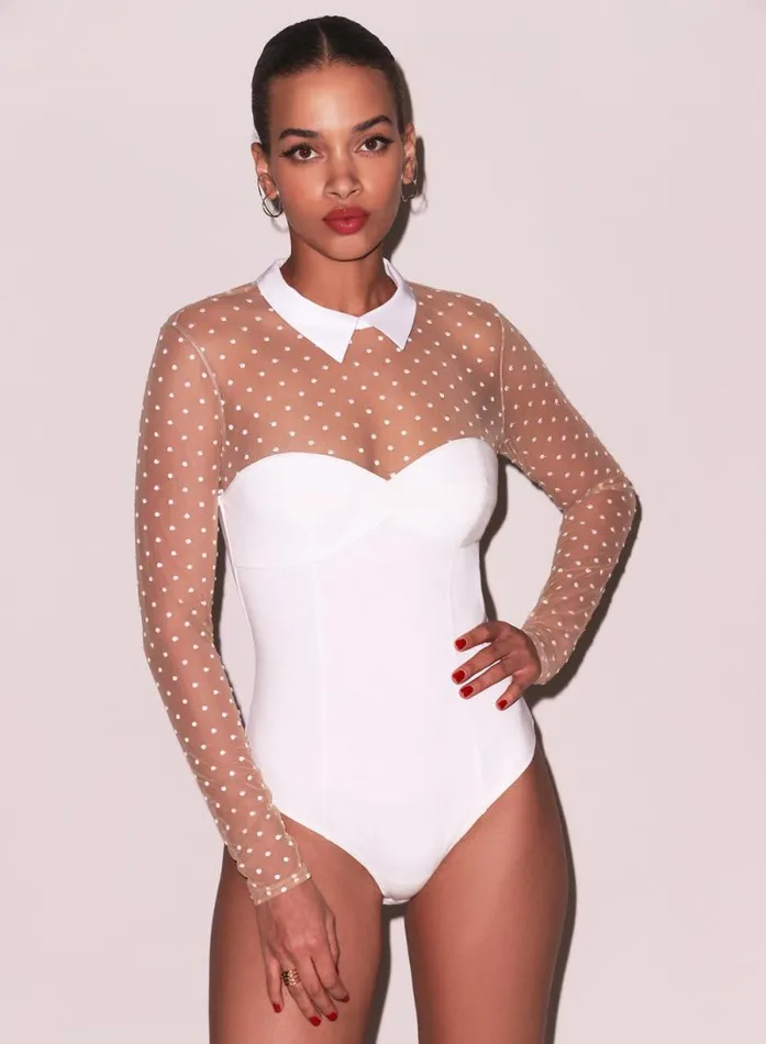 Fleur Du Mal Bodysuits Collared Bodysuit With Dotted Tulle Ivory 8211 Women Fleur Du Mal Bodysuits Collared Bodysuit With Dotted Tulle Ivory 8211 Women