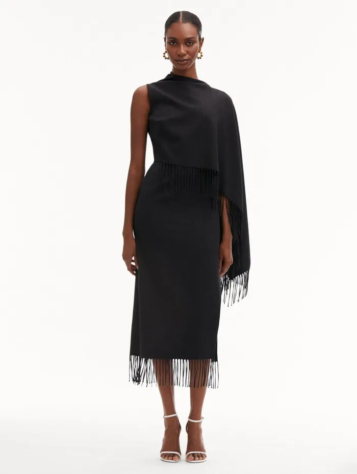 Fringed Cape Midi Dress Anthracite Women Oscar De La Renta Dresses Fringed Cape Midi Dress Anthracite Women Oscar De La Renta Dresses