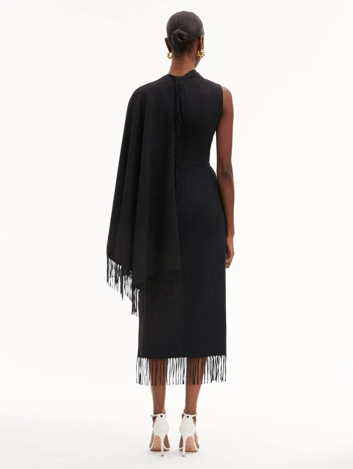Fringed Cape Midi Dress Anthracite Women Oscar De La Renta Dresses Fringed Cape Midi Dress Anthracite Women Oscar De La Renta Dresses