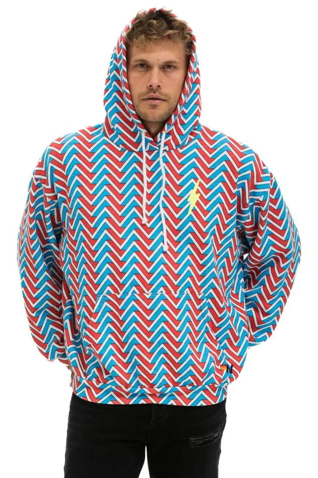 Geo Zig Bolt Embroidery Relaxed Pullover Hoodie 8211 Red Blue WomenMen Aviator Nation Hoodies